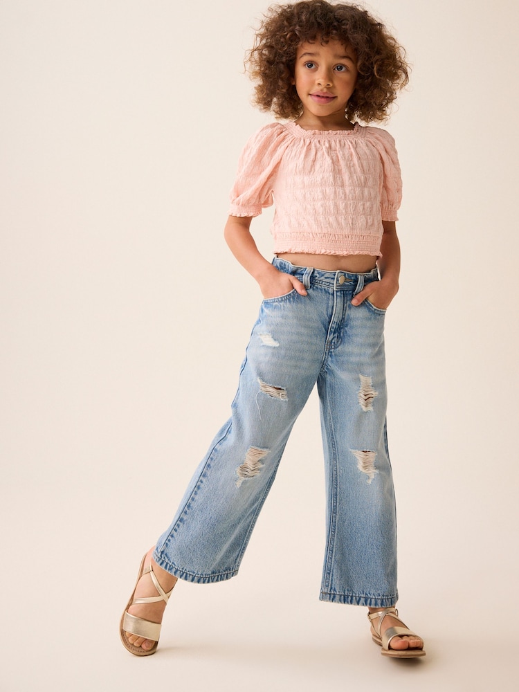 rožnata - Bubble Teksturirani Bardot Crop Top (3-16let) - Slika 1 iz 6