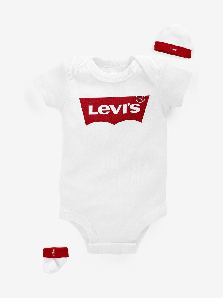 Levi's® White Classic Kids 100% Cotton Batwing Infant Hat Bodysuit And Booties Set - Image 1 of 6