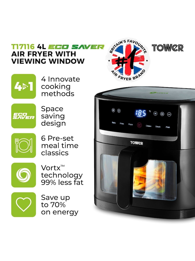 Tower Black Vortx 4L SpaceSaver Air Fryer - Image 2 of 8