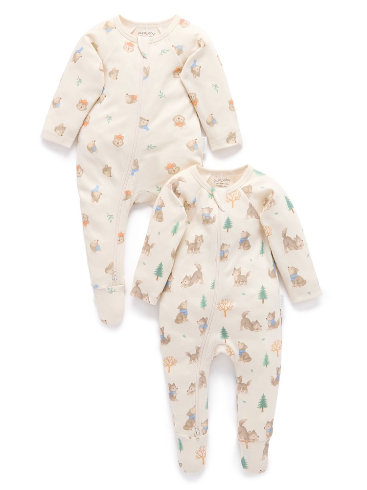 Purebaby Cream 2 Pack Footed Two-Way Zip Printed Sleepsuit - Image 1 of 6 Purebaby Cream 2 Pack Footed Two-Way Zip Printed Sleepsuit - Image 1 of 6