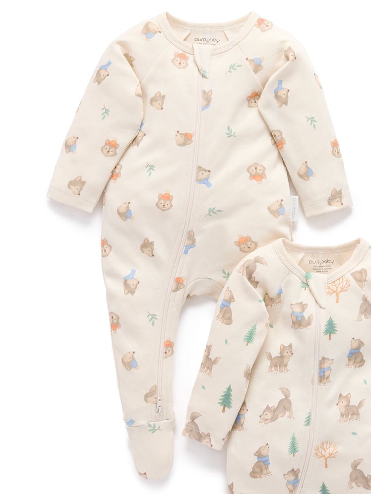 Purebaby Cream 2 Pack Footed Two-Way Zip Printed Sleepsuit - Image 2 of 6 Purebaby Cream 2 Pack Footed Two-Way Zip Printed Sleepsuit - Image 2 of 6