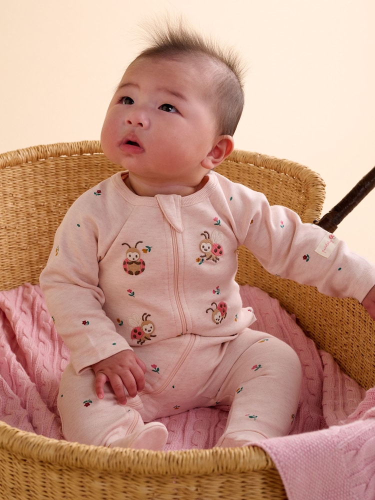 Purebaby Pink Thick Footed Two-Way Zip Sleepsuit & Headband Set - Image 1 of 7 Purebaby Pink Thick Footed Two-Way Zip Sleepsuit & Headband Set - Image 1 of 7