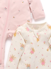Purebaby Pink 2 Pack Footed Two-Way Zip Printed Sleepsuit - Image 3 of 5