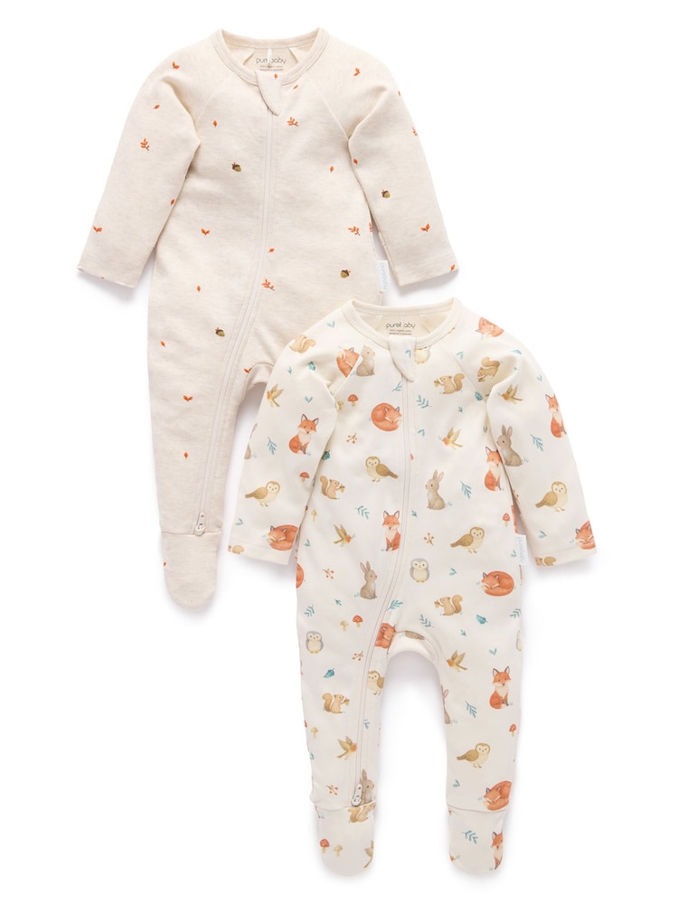 Purebaby Cream 2 Pack Footed Two-Way Zip Printed Sleepsuit - Image 1 of 5 Purebaby Cream 2 Pack Footed Two-Way Zip Printed Sleepsuit - Image 1 of 5
