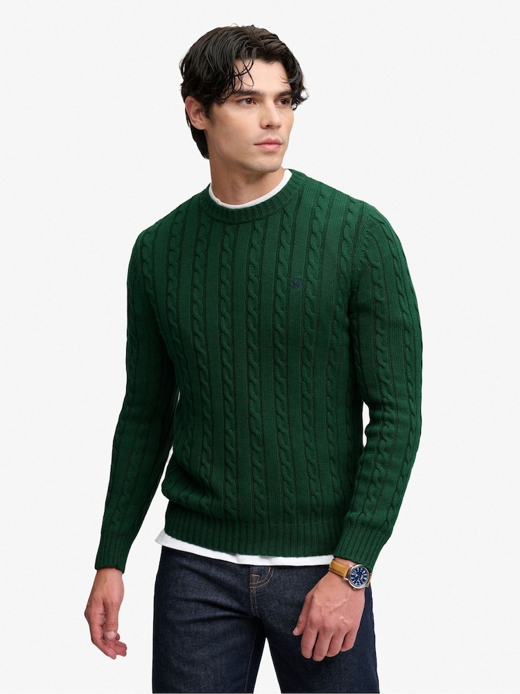 Superdry Forest Green Cotton Cable Knit Crew Neck Jumper - Image 1 of 6