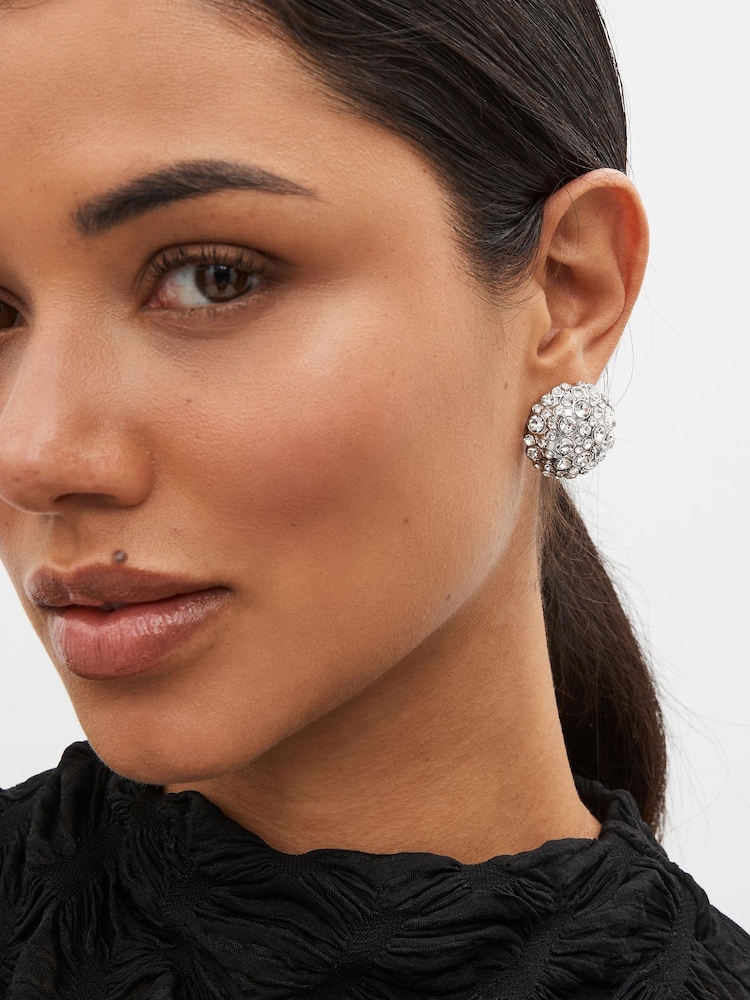 Silver Tone Sparkle Dome Button Stud Earrings - Image 1 of 2 Silver Tone Sparkle Dome Button Stud Earrings - Image 1 of 2