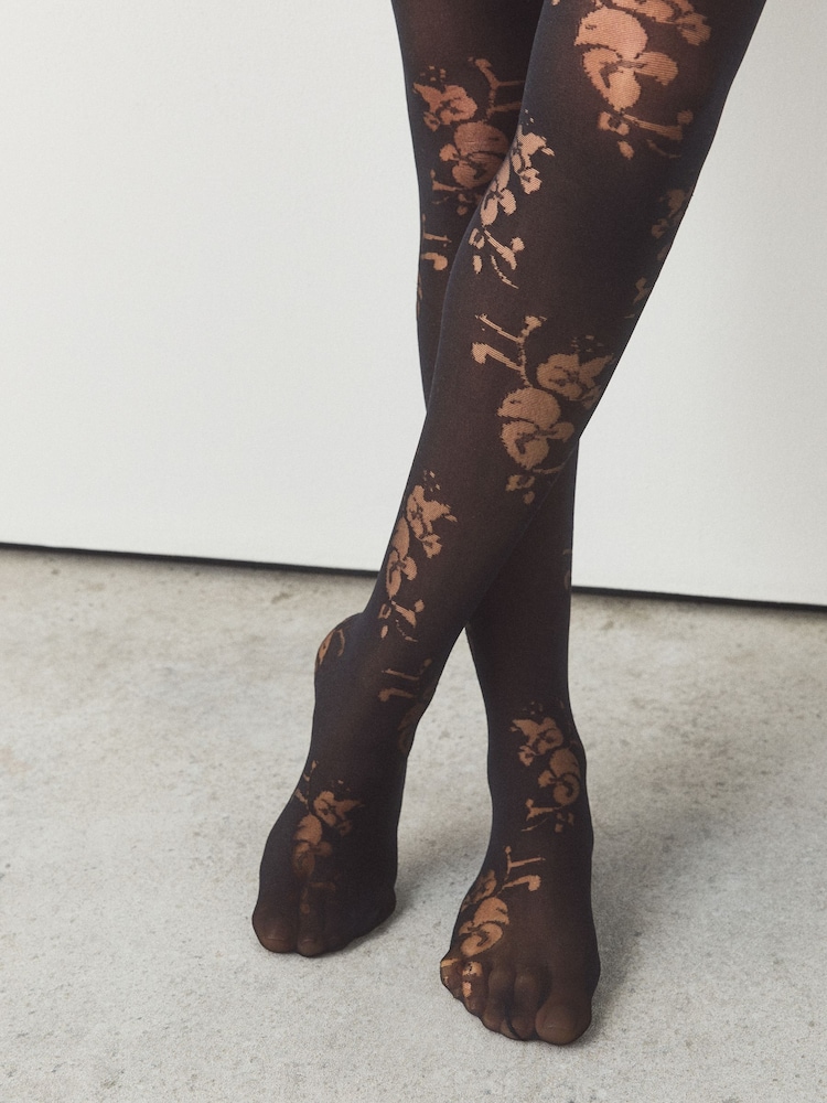 Black Burnout Floral Pattern Tights 1 Pack - Image 2 of 3 Black Burnout Floral Pattern Tights 1 Pack - Image 2 of 3
