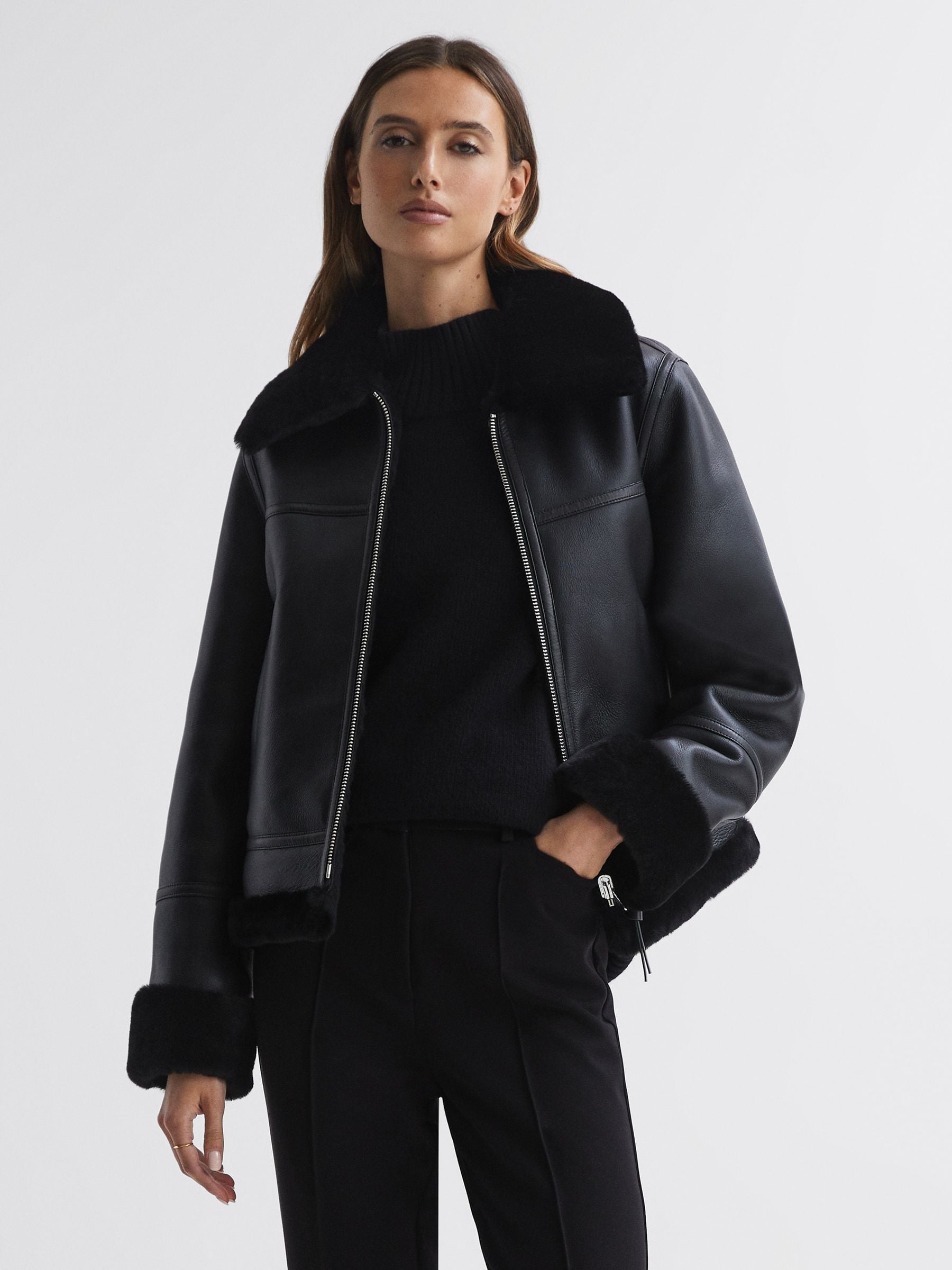 Buy Reiss Black Melody Reversible Leather Shearling Zip Through Jacket from Next Turkey