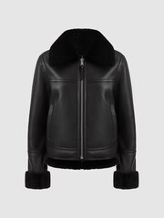 Reiss Black Melody Reversible Leather Shearling Zip-Through Jacket - Image 2 of 9