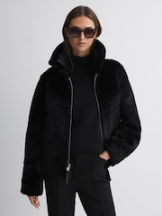 Reiss Black Melody Reversible Leather Shearling Zip-Through Jacket - Image 4 of 9