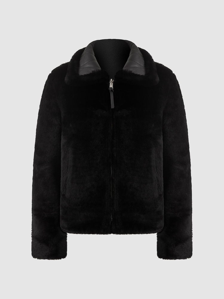 Reiss Black Melody Reversible Leather Shearling Zip-Through Jacket - Image 9 of 9