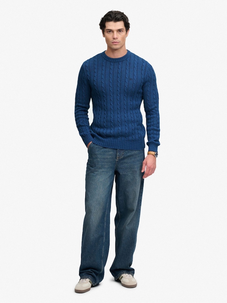 Superdry Sea Blue Cotton Cable Knit Crew Neck Jumper - Image 1 of 4