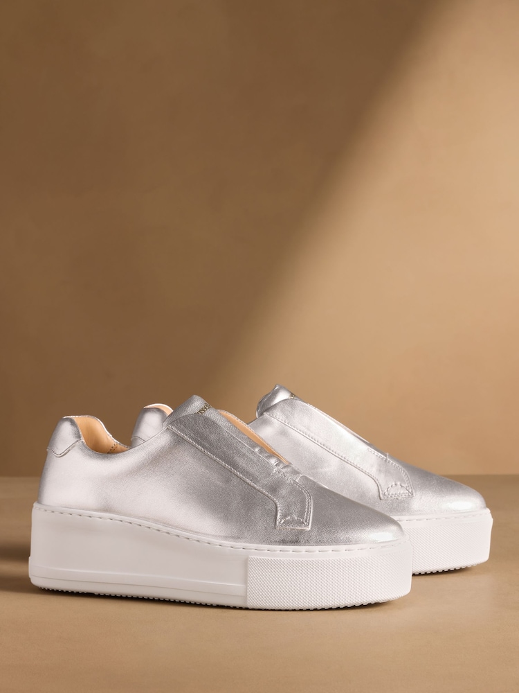 Russell & Bromley Silver Leather Park Up Laceless Flatform Trainers - Image 1 of 7