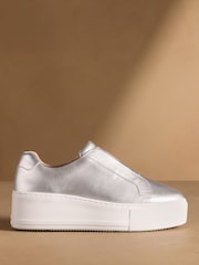 Russell & Bromley Silver Leather Park Up Laceless Flatform Trainers - Image 2 of 7