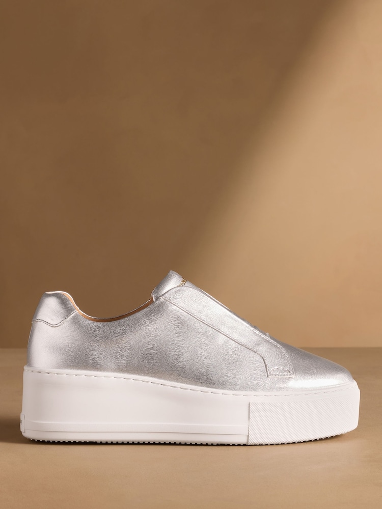 Russell & Bromley Silver Leather Park Up Laceless Flatform Trainers - Image 2 of 7