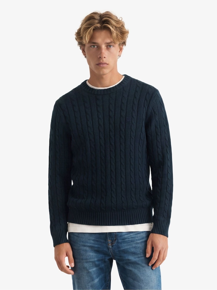 Superdry Blue Cotton Cable Knit Crew Neck Jumper - Image 1 of 5