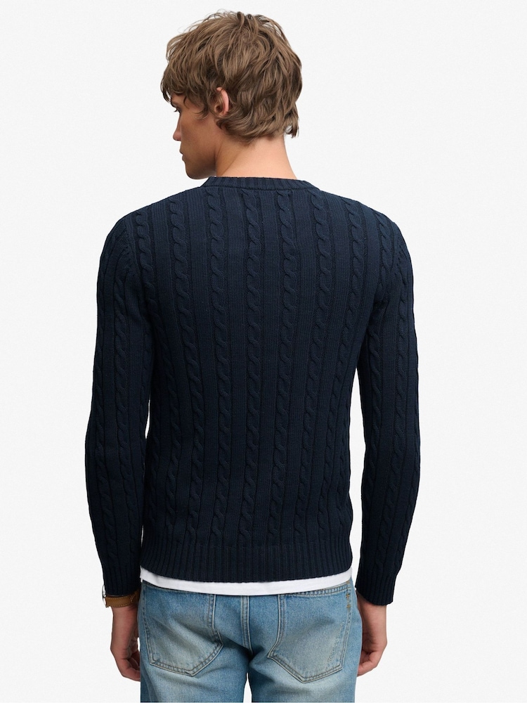 Superdry Blue Cotton Cable Knit Crew Neck Jumper - Image 2 of 5
