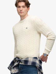Superdry Cream Cotton Cable Knit Crew Neck Jumper - Image 1 of 6