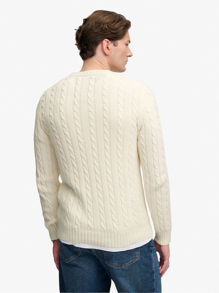 Superdry Cream Cotton Cable Knit Crew Neck Jumper - Image 2 of 6