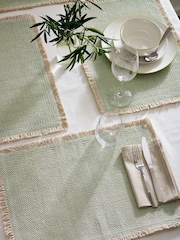Set of 4 Sage Green Woven Fringe Edge 100% Cotton Fabric Placemats - Image 1 of 3