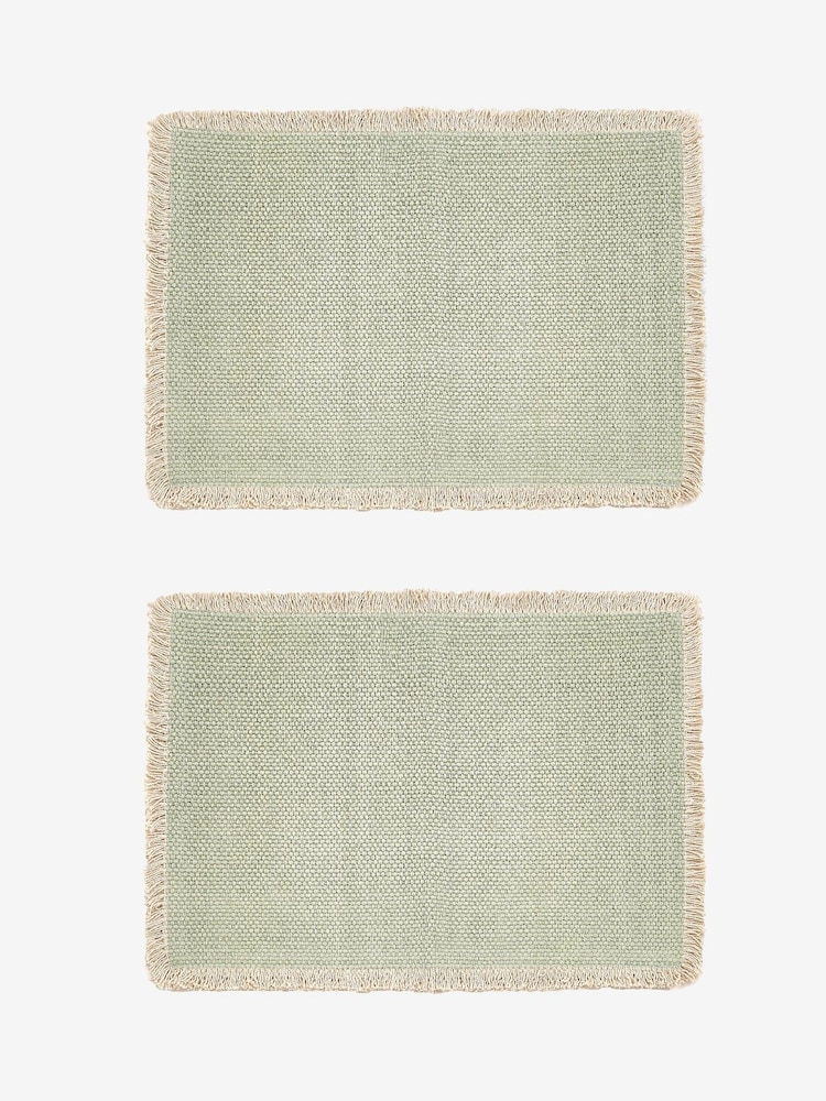 Set of 4 Sage Green Woven Fringe Edge 100% Cotton Fabric Placemats - Image 3 of 3