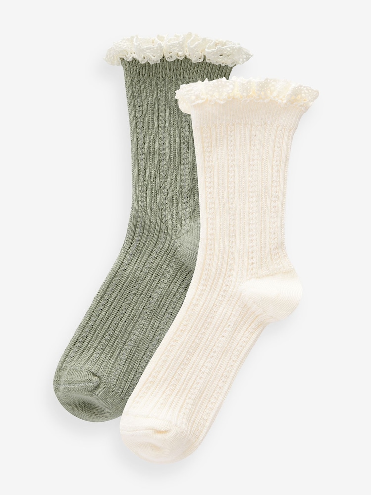 Cream and Green Cotton Rich Ruffle Frill Ankle Socks 2 Pack - Image 1 of 3 Cream and Green Cotton Rich Ruffle Frill Ankle Socks 2 Pack - Image 1 of 3