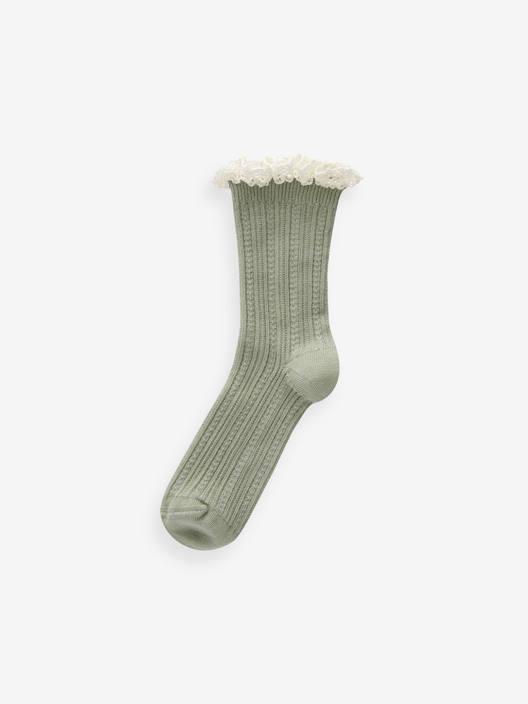 Cream and Green Cotton Rich Ruffle Frill Ankle Socks 2 Pack - Image 2 of 3 Cream and Green Cotton Rich Ruffle Frill Ankle Socks 2 Pack - Image 2 of 3