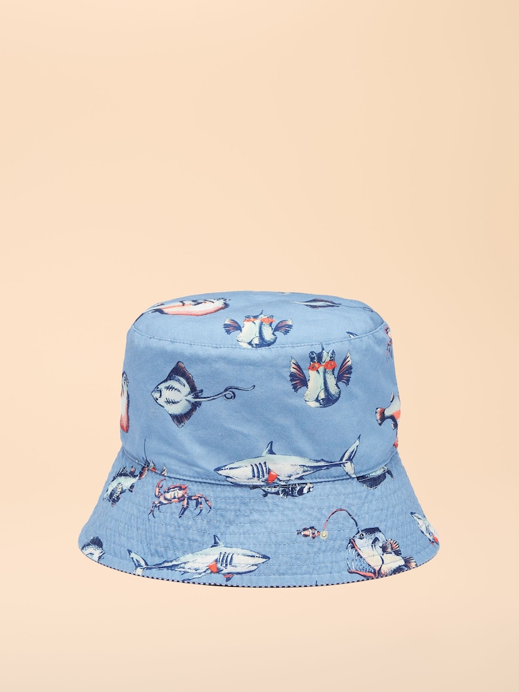 Joules Boys' Bayley Blue Reversible Fish Bucket Hat - Image 1 of 3