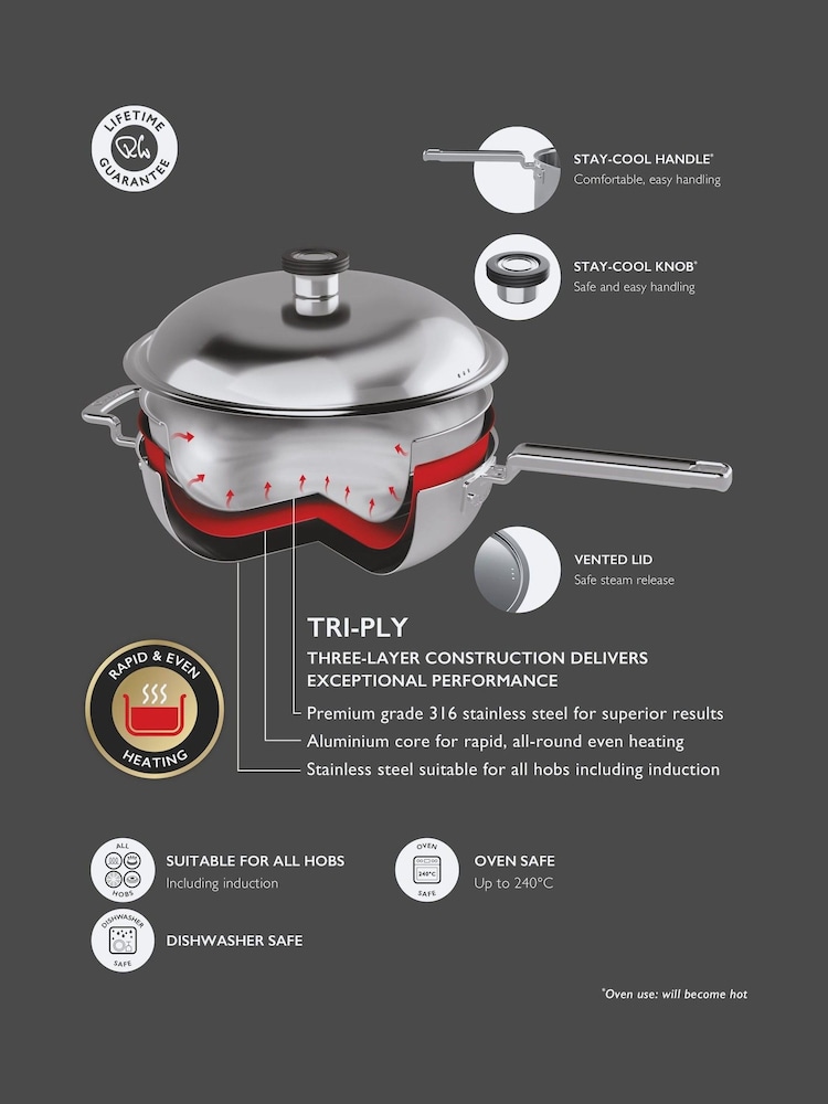 Robert Welch Stainless Steel 316 Series Cookware Wok with Lid 28cm - Image 4 of 4 Robert Welch Stainless Steel 316 Series Cookware Wok with Lid 28cm - Image 4 of 4