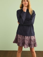 Navy Blue Paisley Print Layered Sweatshirt Long Sleeve Dress - Image 1 of 7
