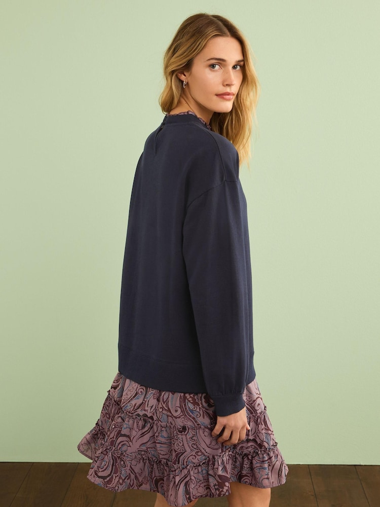 Navy Blue Paisley Print Layered Sweatshirt Long Sleeve Dress - Image 2 of 7