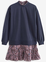 Navy Blue Paisley Print Layered Sweatshirt Long Sleeve Dress - Image 6 of 7