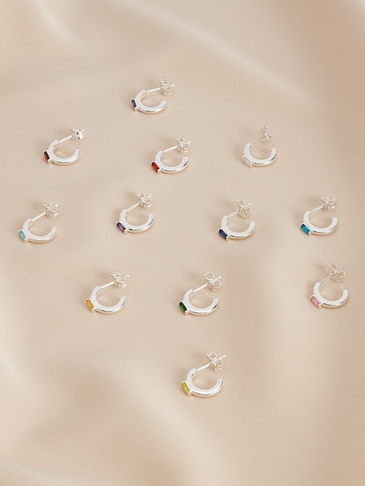 Sterling Silver Plated Baguette Birthstone Hoop Earrings - Image 2 of 14 Sterling Silver Plated Baguette Birthstone Hoop Earrings - Image 2 of 14