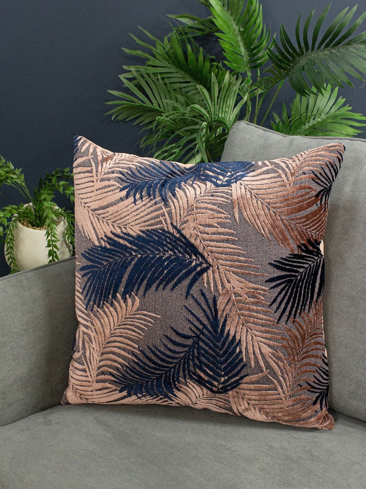 Riva Paoletti Blush Pink/Navy Blue Palm Grove Velvet Polyester Filled Cushion - Image 1 of 5 Riva Paoletti Blush Pink/Navy Blue Palm Grove Velvet Polyester Filled Cushion - Image 1 of 5