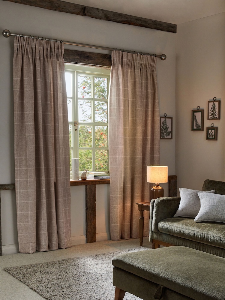 Natural Windowpane Check Pencil Pleat Curtains - Image 2 of 5