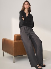 Black Wide Leg Slinky Soft Touch Stretch High Waist Trousers - Image 1 of 7