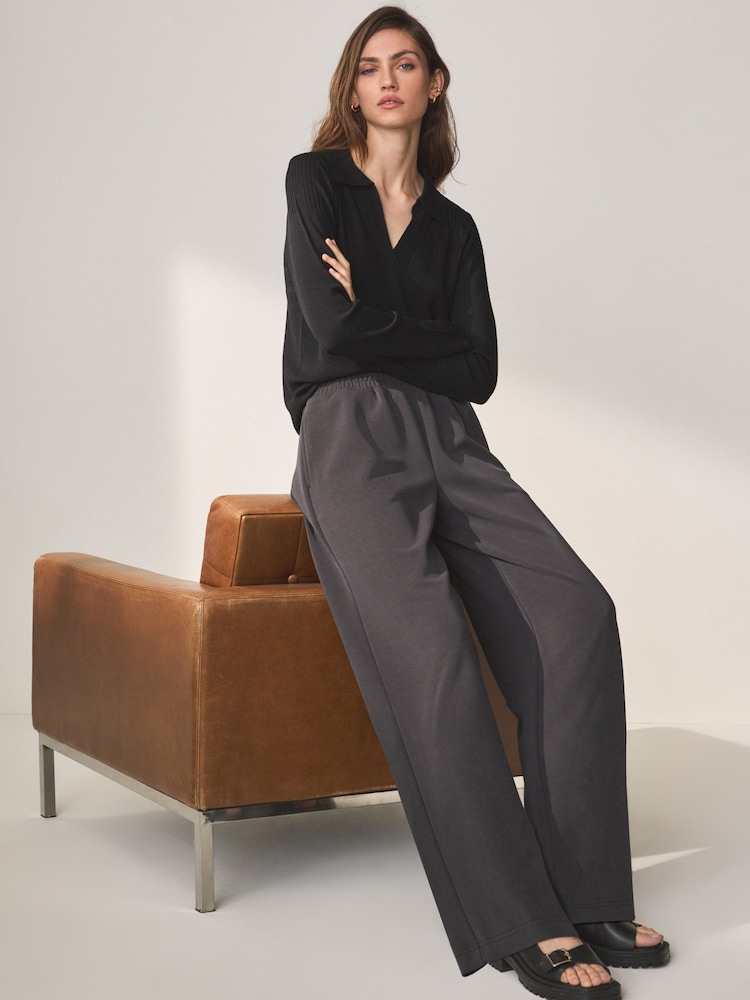 Black Wide Leg Slinky Soft Touch Stretch High Waist Trousers - Image 1 of 7