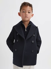 Reiss Navy Bergamo 9-13 yrs Wool-Blend Twill Double-Breasted Coat - Image 1 of 6