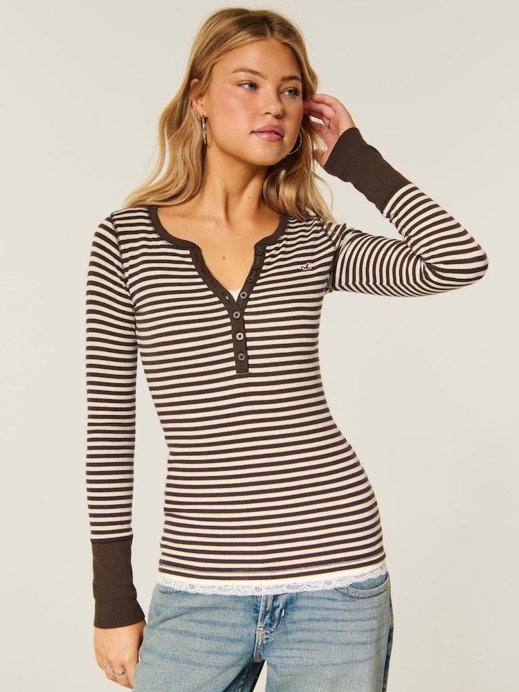 Brun - Hollister Henley Stripe Long Sleeve Top - Billede 1 af 4