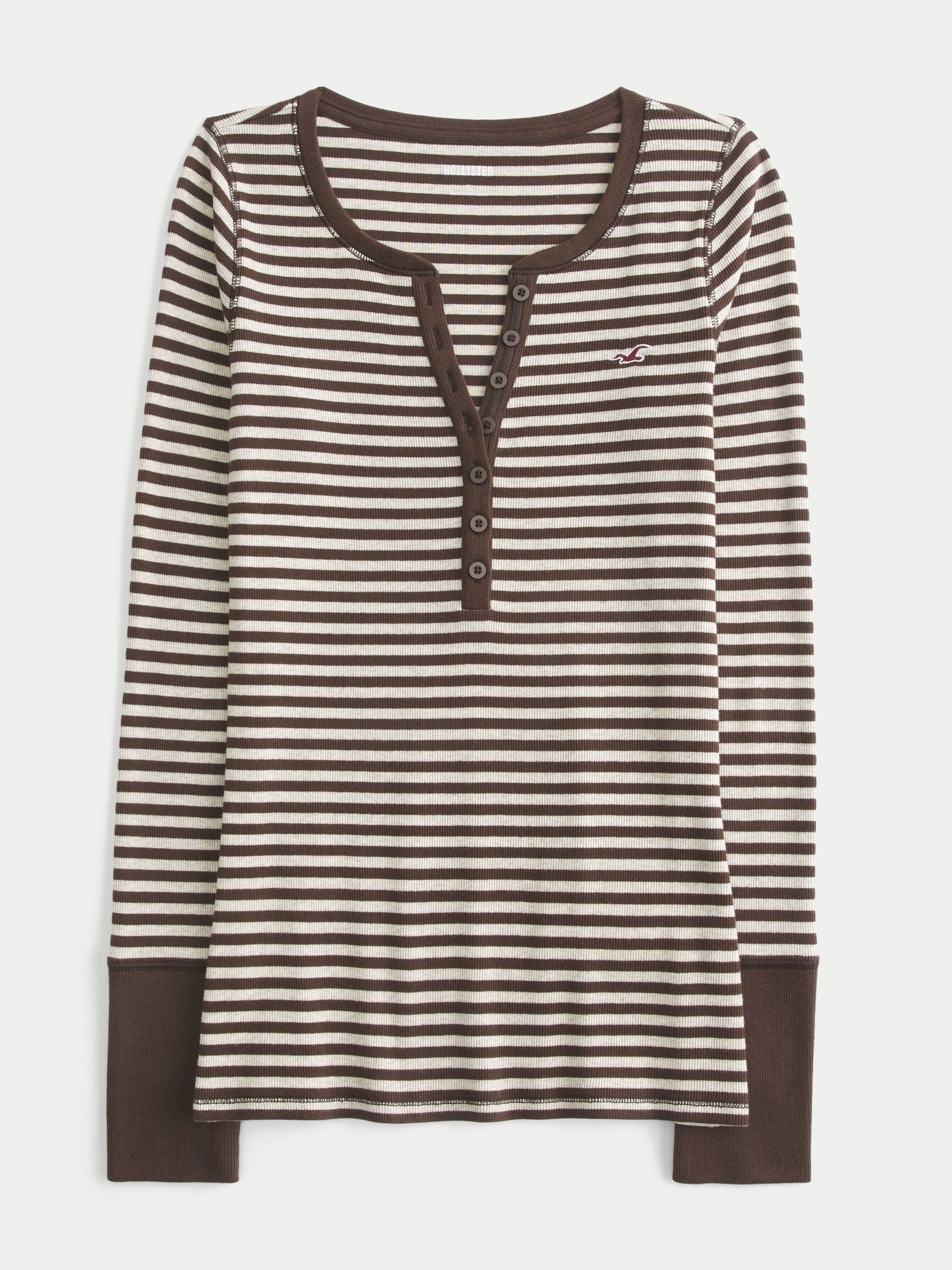 Hollister ホリスター　長袖カットソー ヘンリー ストライプ XXS Next：日本 ブラウン ストライプ - Hollister ヘンリーネック 長袖