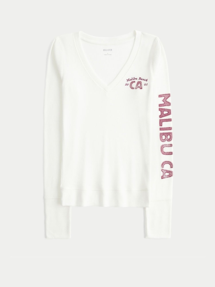 Hollister White V-Neck Graphic Long Sleeve Top - Image 1 of 1