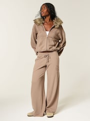 Hollister Brown Graphic Logo Zip-Through Hoodie With Fur Trim - Image 1 of 4