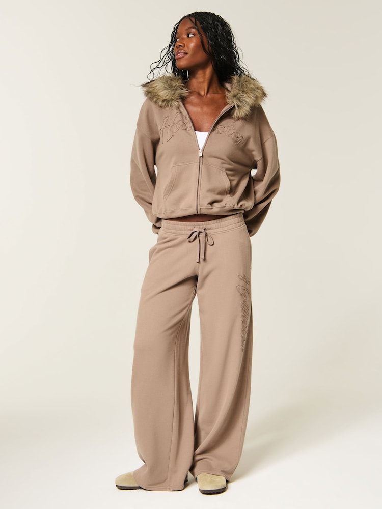 Hollister Brown Graphic Logo Zip-Through Hoodie With Fur Trim - Image 1 of 4