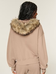 Hollister Brown Graphic Logo Zip-Through Hoodie With Fur Trim - Image 2 of 4
