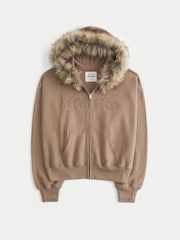 Hollister Brown Graphic Logo Zip-Through Hoodie With Fur Trim - Image 4 of 4