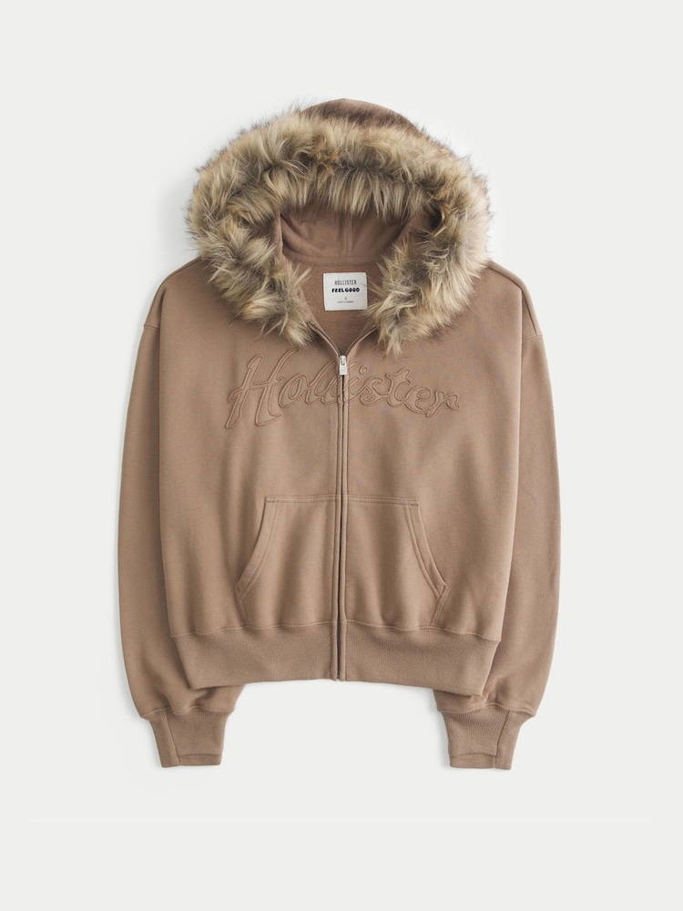Hollister Brown Graphic Logo Zip-Through Hoodie With Fur Trim - Image 4 of 4