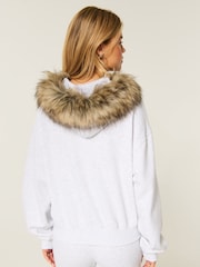Hollister Grey Graphic Logo Zip-Through Hoodie With Fur Trim - Image 2 of 5