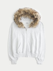 Hollister Grey Graphic Logo Zip-Through Hoodie With Fur Trim - Image 5 of 5