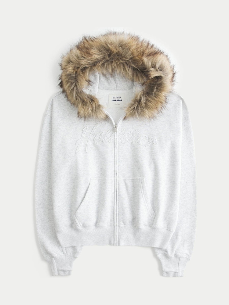 Hollister Grey Graphic Logo Zip-Through Hoodie With Fur Trim - Image 5 of 5