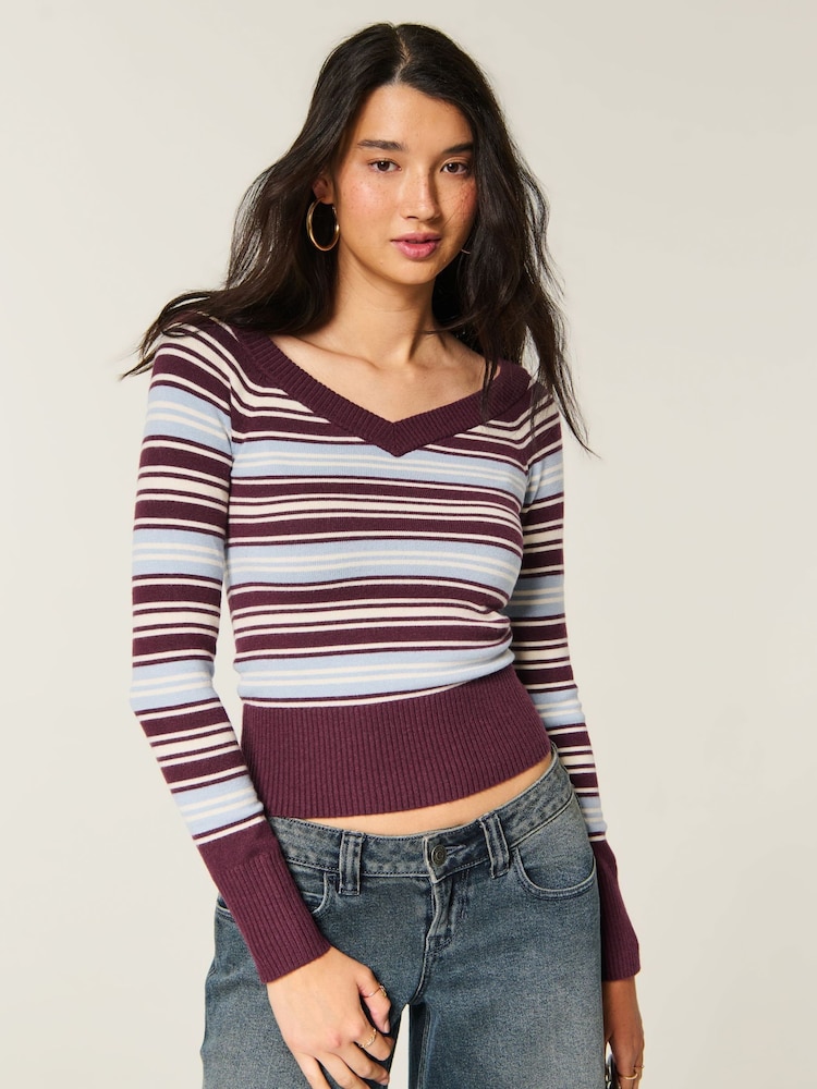 Hollister Red V-Neck Stripe Jumper - Image 1 of 3